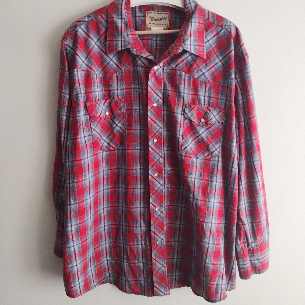 Wrangler Vintage Mens Western Shirt XXL Pearl Snap Red Blue Check Cowboy - Picture 9 of 9